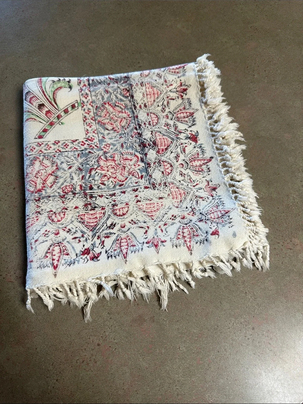 Vtg Persian Ghalamkar Kalamkari Cotton Tablecloth Signed Isfahan Paisley 45x45